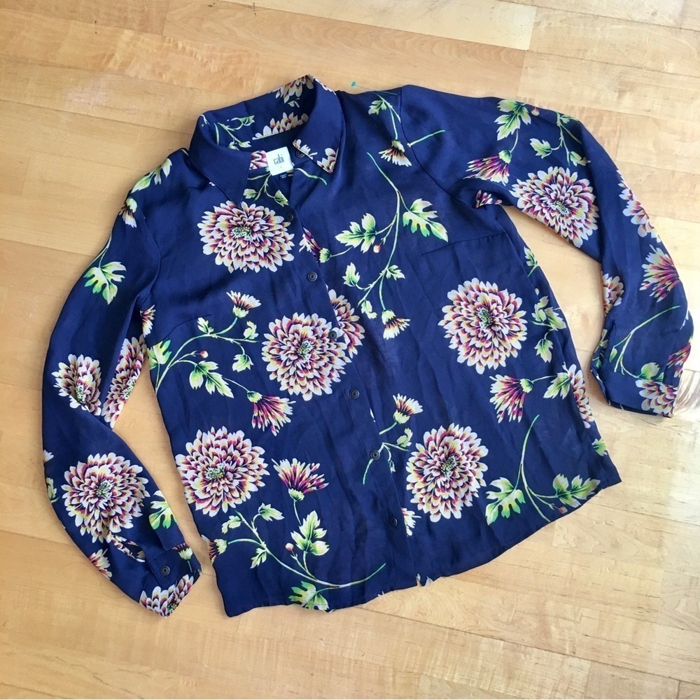 Cabi Floral, Semi-Sheer Blouse, Navy Blue, Peach Orange, Green, Size S